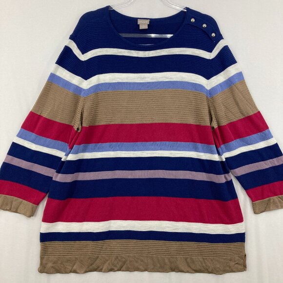 Chico's size XXL/4 Multi Color Striped Knit Crew Neck 3/4 Sleeve Sweater - Picture 1 of 9